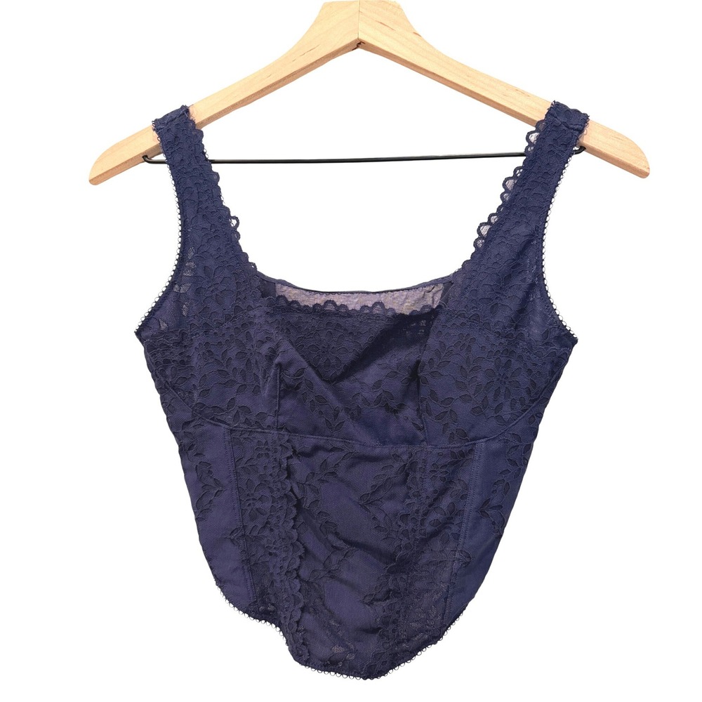 PINK Victoria's Secret Navy‎ Blue Floral Lace Corset Top Small Sheer Mesh Back